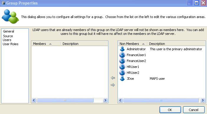 Group Properties dialog with the Users option selected.